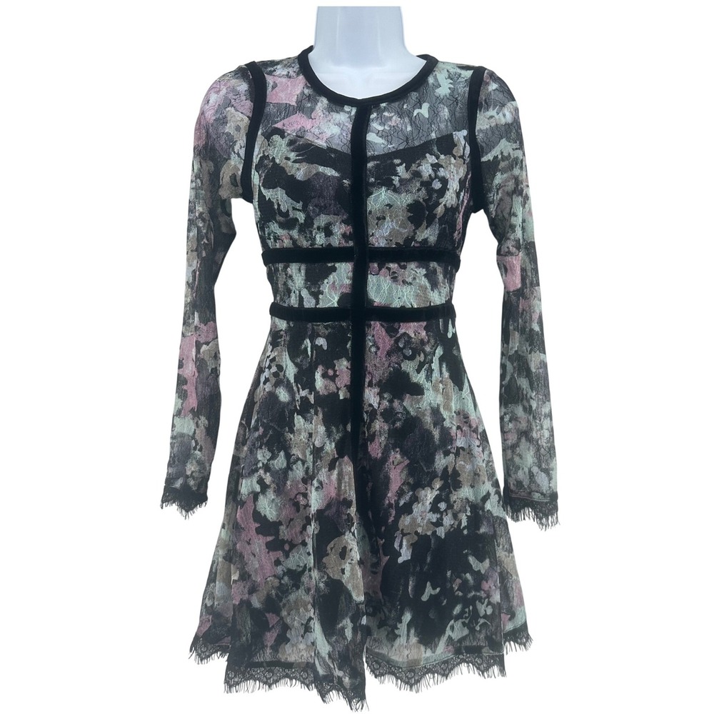 Sheer Lace Fit & Flare Dress Womens XS‎ Black Goth Floral Velvet Trim Whimsigoth